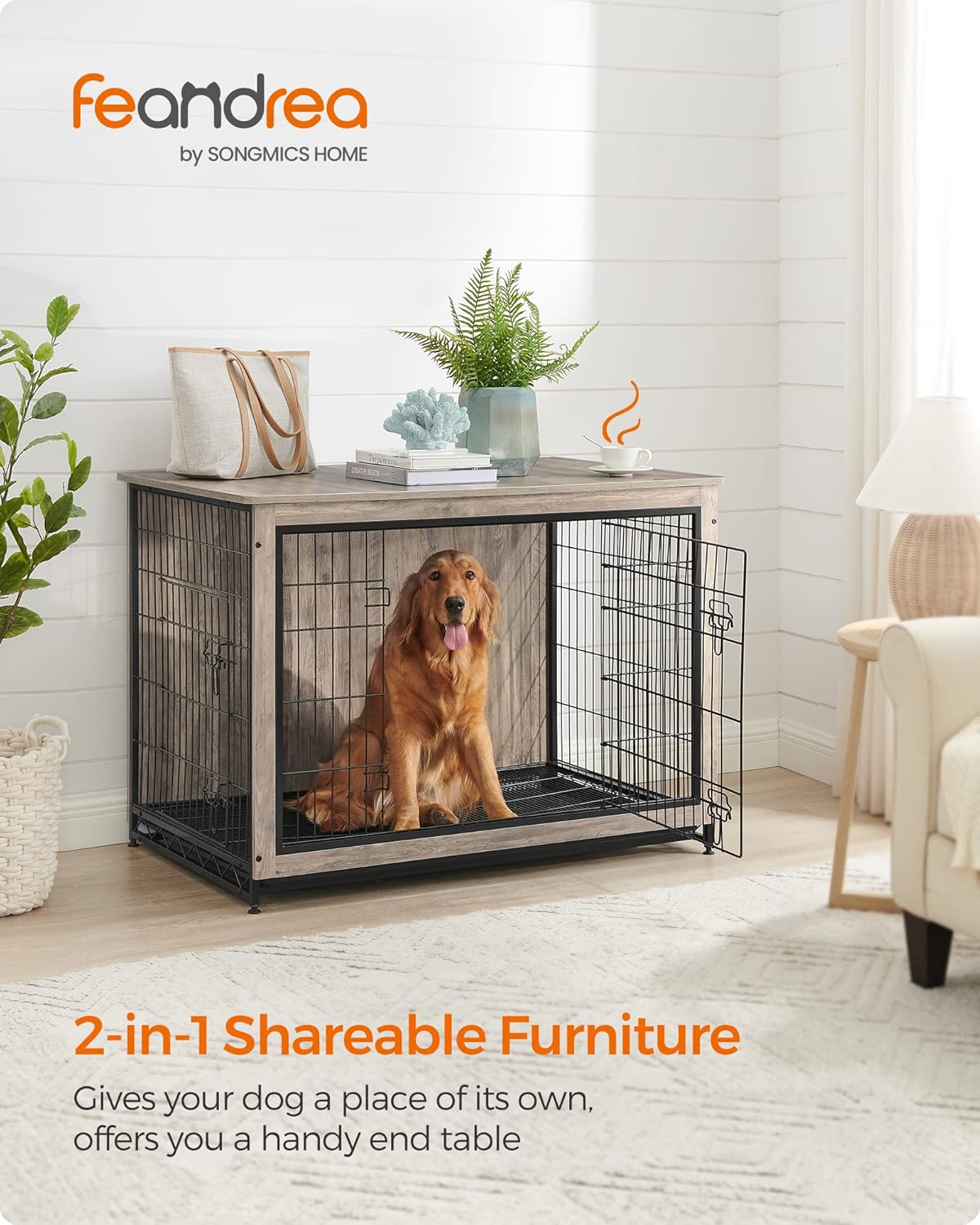 Feandrea Dog Crate Furniture, 44.1" Side End Table, Modern Kennel for Dogs Indoor up to 80 lb, Heavy-Duty Dog Cage with Multi-Purpose Removable Tray, Double-Door Dog House, Greige UPFC004G01