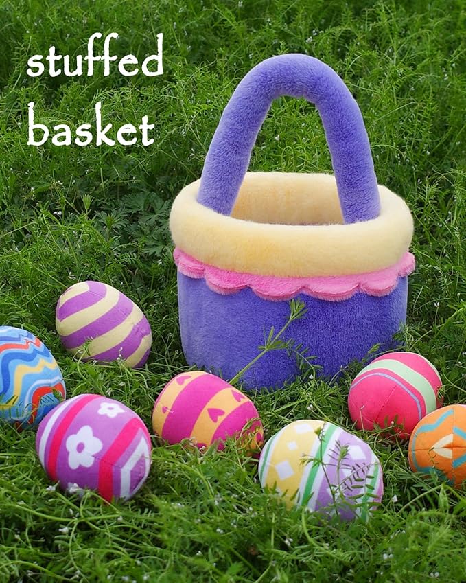 8 Piece Plush Stuffed Playset Toys with 7 Eggs, 1 Furry Bag, Soft Basket Set Sensory Toys for Girls Kids Ages 3+, Birthday Christmas Valentines Easter Party Favors Gifts