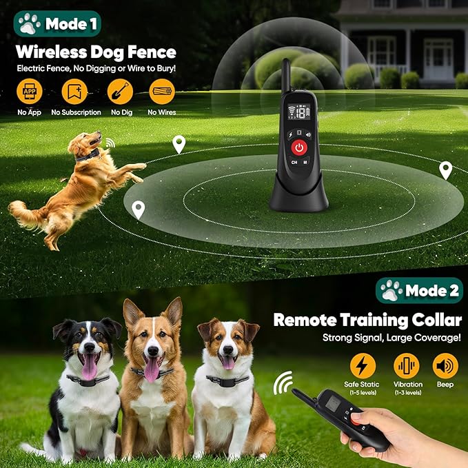 Wireless Dog Fence, Portable Electric Fence for Dogs with Remote Training Collar, Magnetic Charging Base, Outdoor Pet Containmen System for Yards, Adjustable for Medium Large Dogs