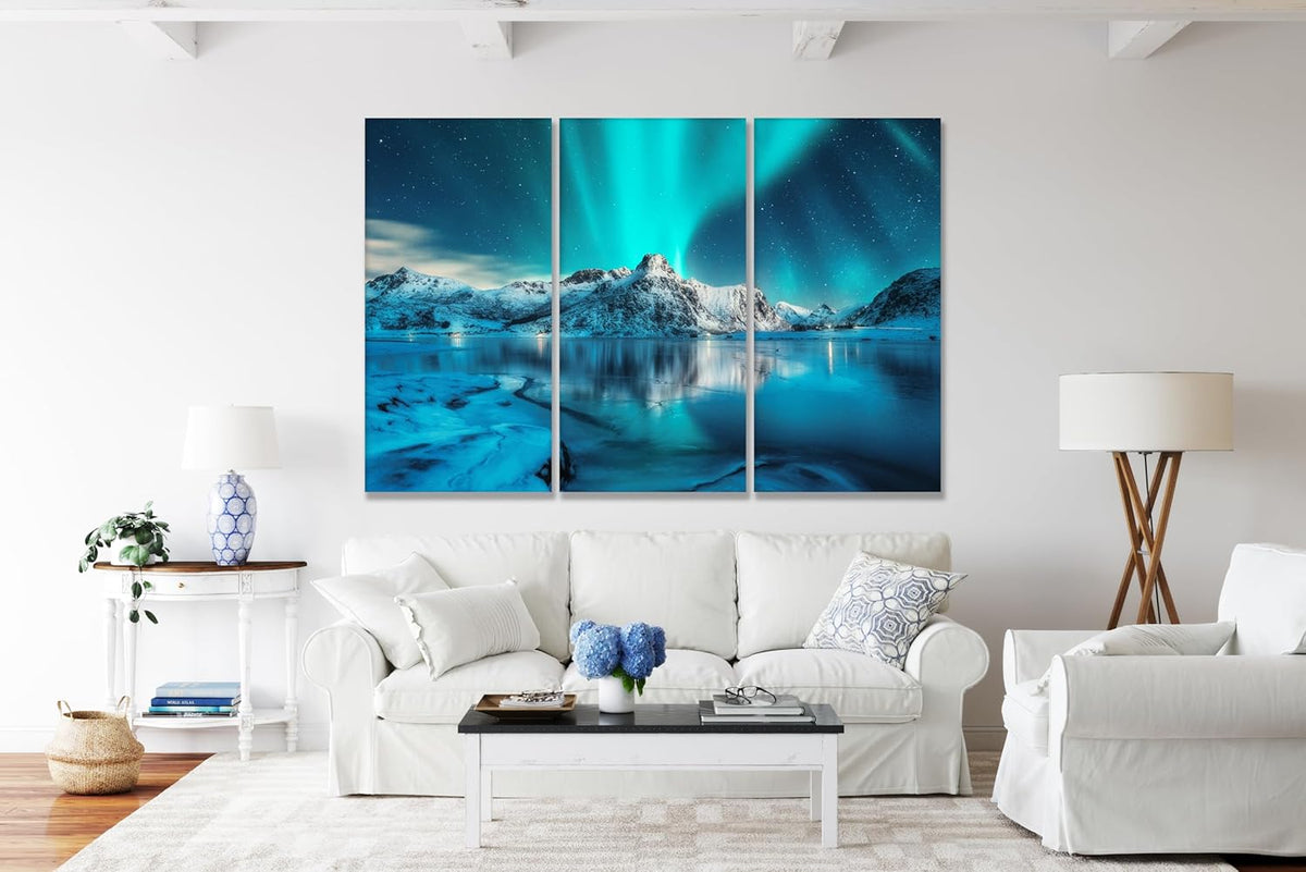 Nature Wall Art Prints - Ocean Forest Mountain Lake Canvas Landscapes - Small to Extra Large Living Room Bedroom Kitchen Bathroom Décor (Northern Lights Over Lake, 47L" x 71W" - 3 panels)