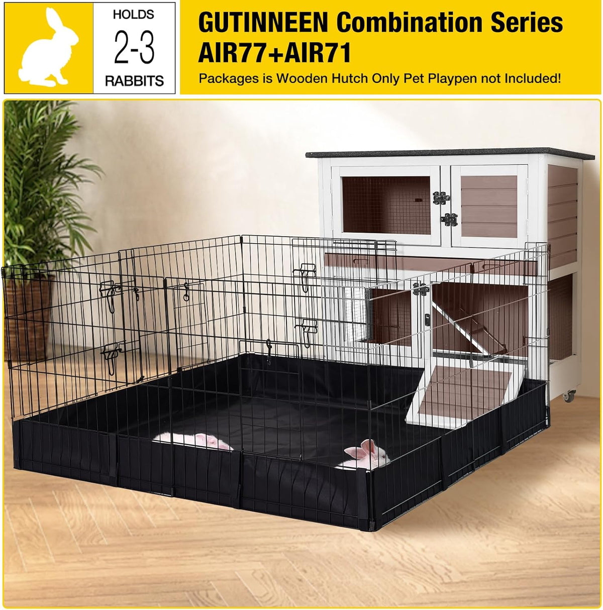 Aivituvin 2-Tier Rabbit Hutch with Tarp Door and Wheels Bunny Cage Indoor Outdoor Guinea Pig Cage Expandable with Pet Playpen 36" L, Brown
