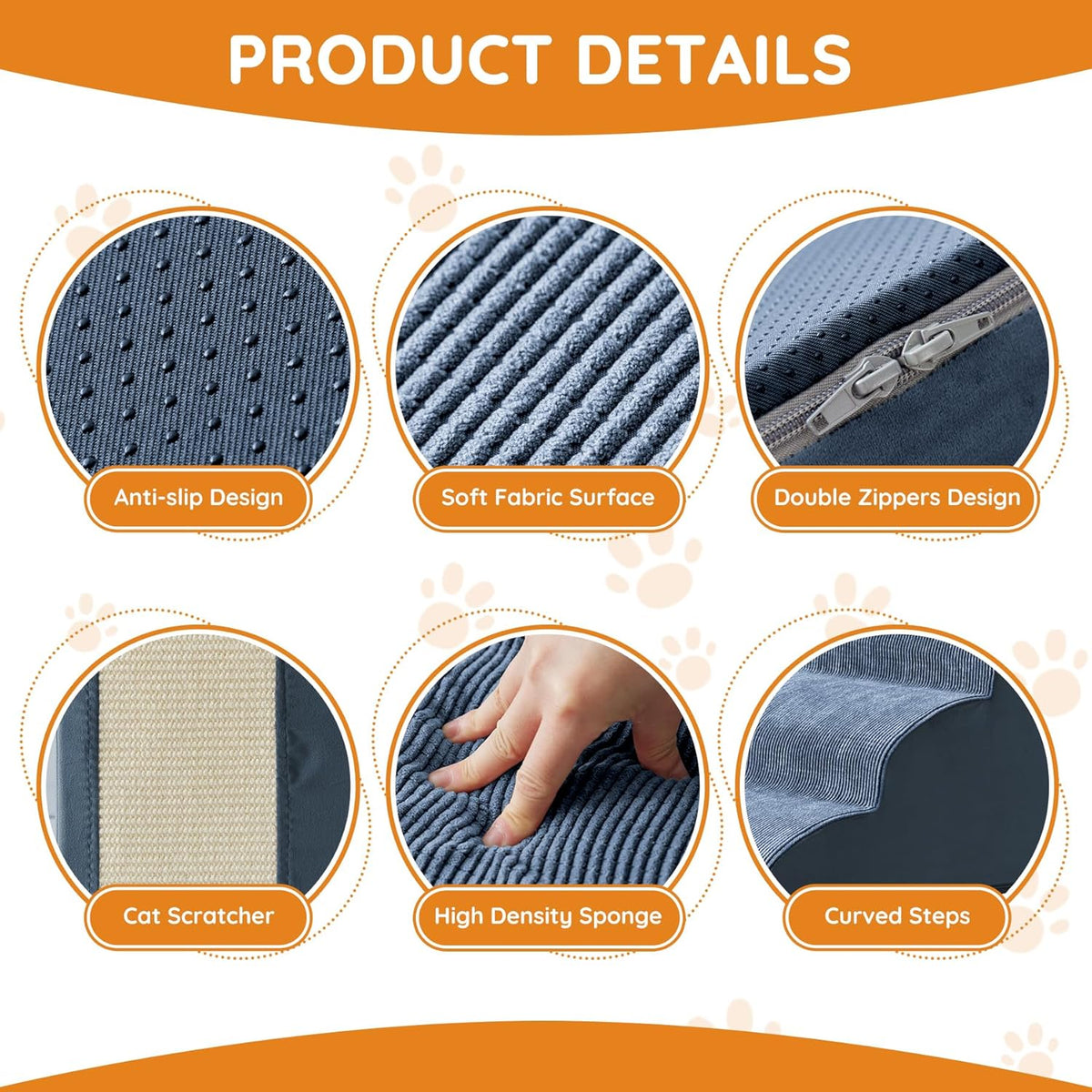Pet Stairs, Dog Stairs for Small Dogs, Dogs Steps, 5-Step Curved Dog Ramp for Bed, Couch, Sofa, Car and Chairs, Non-Slip Bottom Design, Cat Scratching Board, High Density Foam Portable Pet Step, Navy