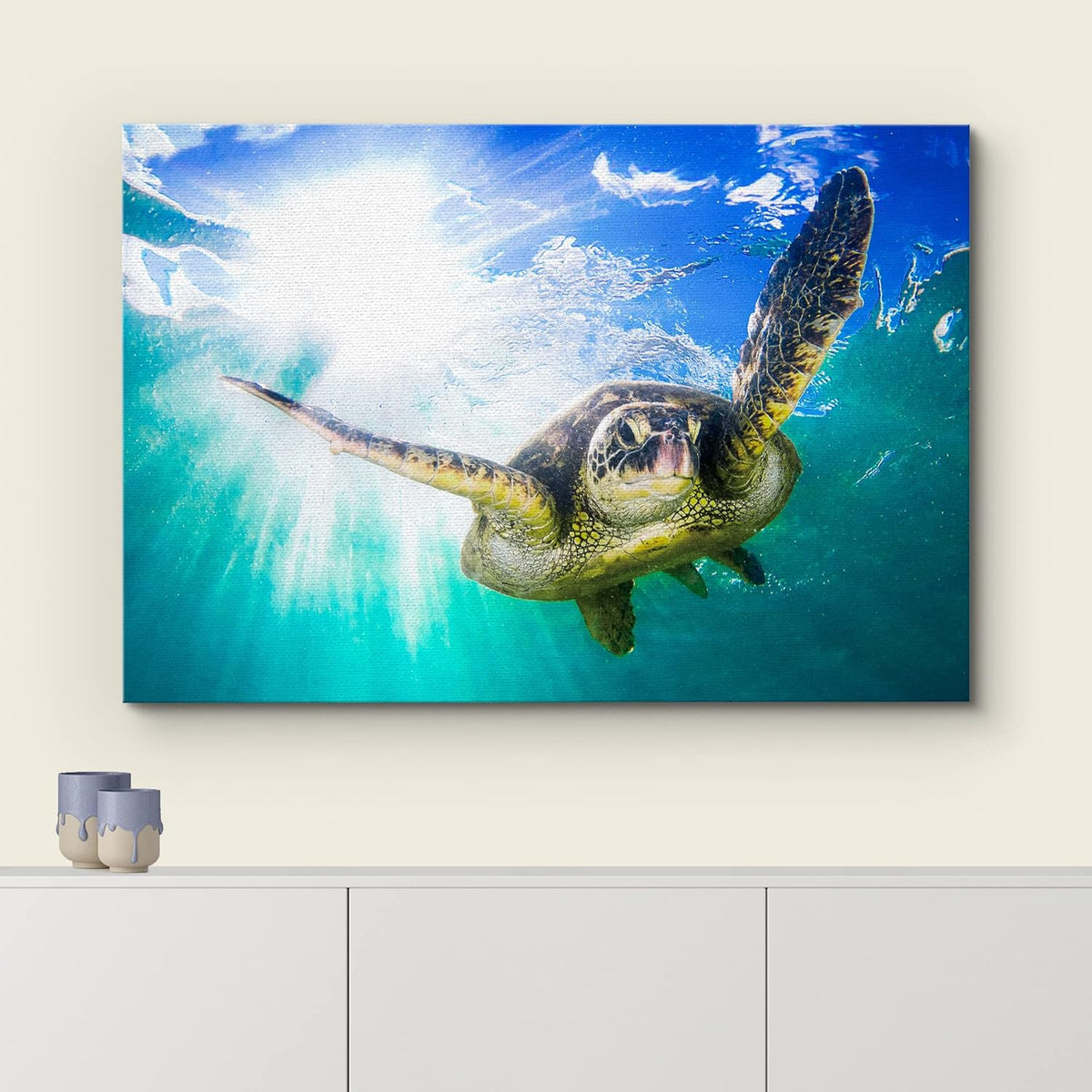wall26 Canvas Print Wall Art Sunlight Tropical Ocean Underwater Turtle Nature Animals Photography Realism Rustic Scenic Landscape Wilderness Earth Colorful for Living Room, Bedroom, Office - 32"x48"