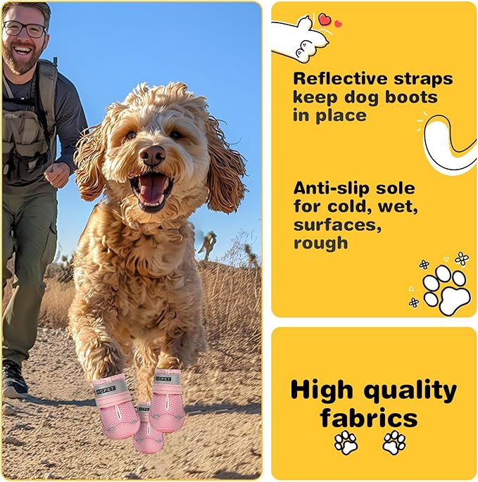 Hcpet Dog Shoes for Large Dogs, Breathable Dog Booties for Small Medium Dogs, Anti-Slip Dog Boots & Paw Protectors for Hot Pavement Winter Snow Hiking with Reflective Straps Pink Size 8