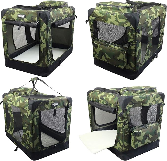 EliteField 3-Door Folding Soft Dog Crate with Carrying Bag and Fleece Bed (2 Year Warranty), Indoor & Outdoor Pet Home (20" L x 14" W x 14" H, Camo)