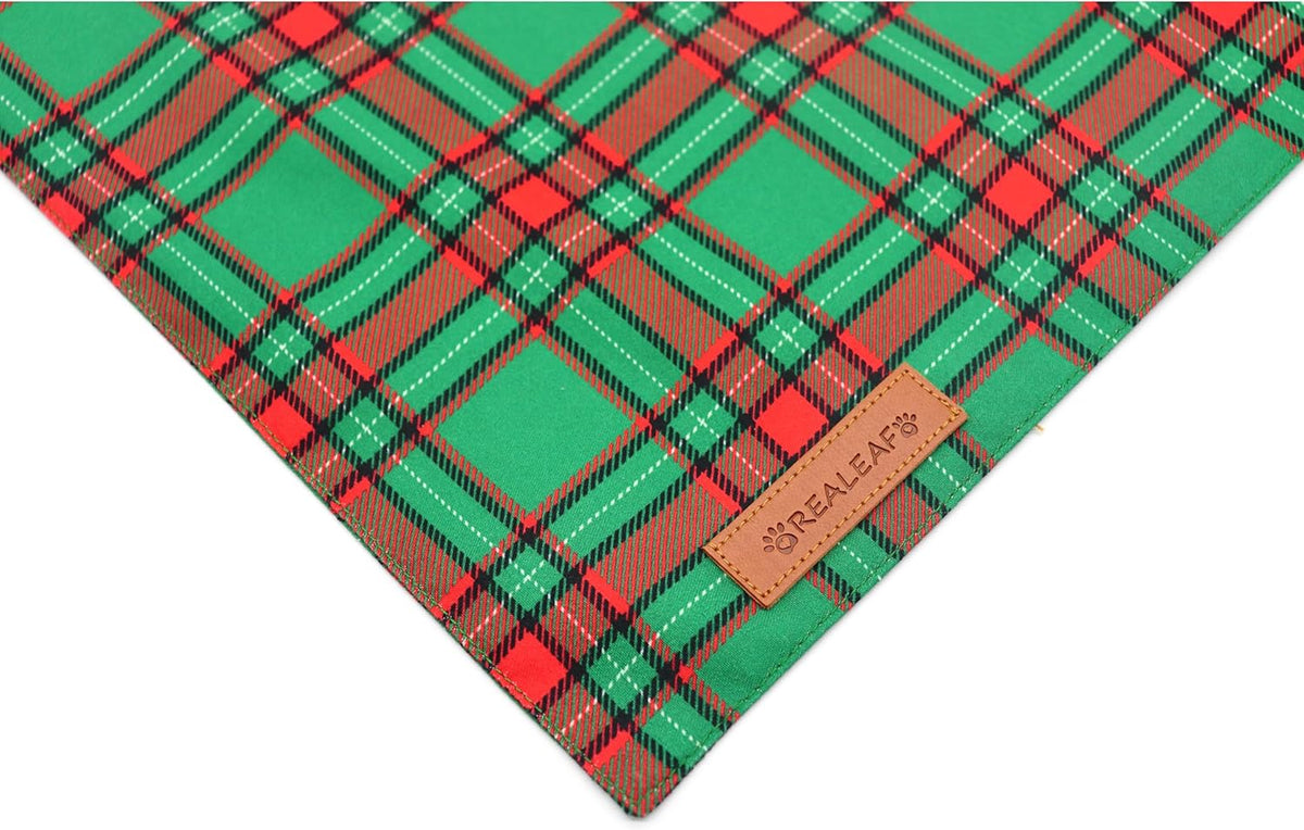 Realeaf Christmas Dog Bandanas 2 Pack, Reversible Red Green Plaid Dog Scarf, Xmas Pet Bandana for Boy and Girl, Premium Durable Fabric, Holiday Check Bandana for Medium and Large Dogs Pets (Large)