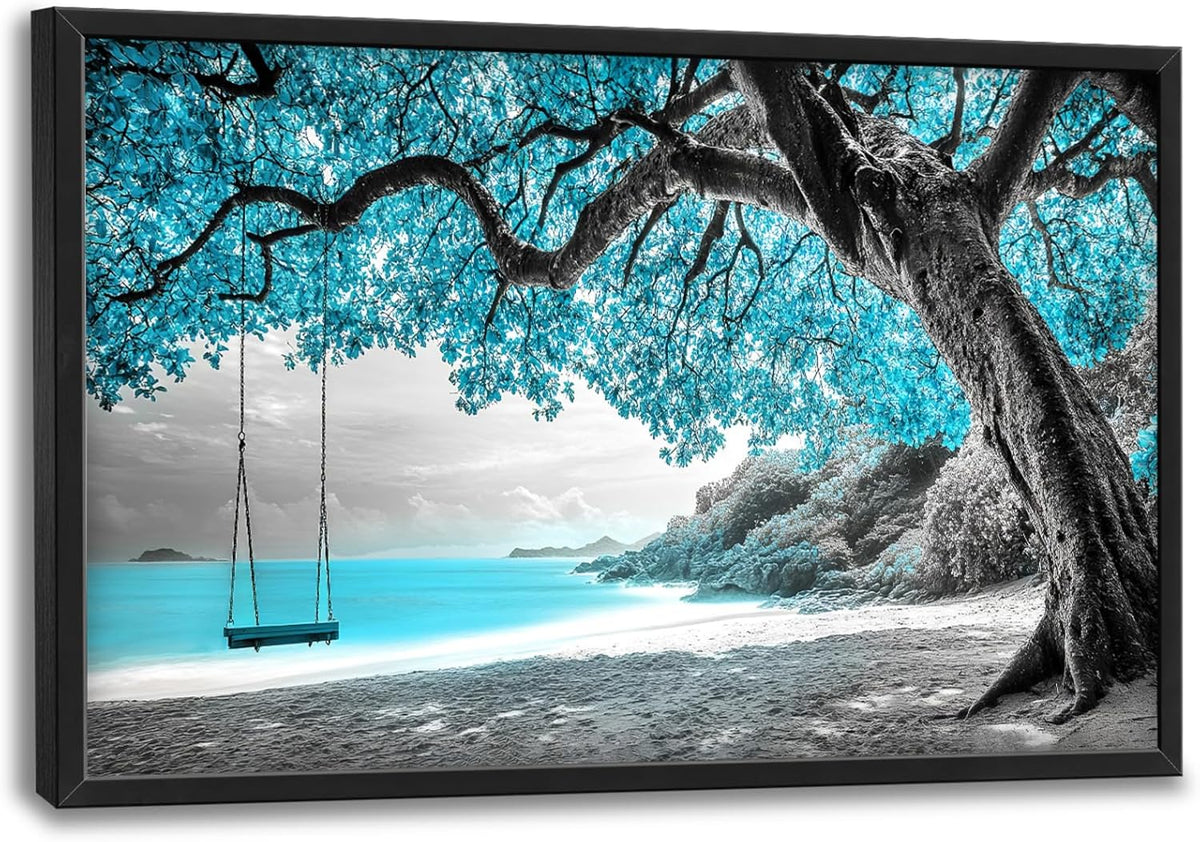 Extra Large Framed Abstract Tree Wall Art,Black and White Tree of Life Wall Decor,Blue Teal Sea Pictures for Living Room,Canvas Print Painting Modern Artwork Bedroom Office Bathroom 36L x 24W