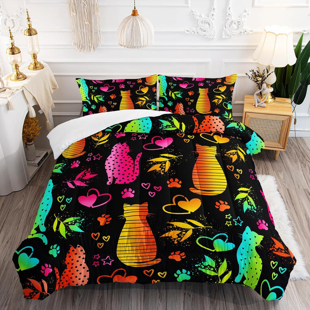 Kawaii Cat Animal Comforter 3Pcs Full Lovely Pet Cat Bedding Set for Kid Teen Girl Boy Adult Room Decor Cartoon Kitten Paw Heart Bamboo Leaf Pattern Quilt with 1 Comforter and 2 Pillowcases