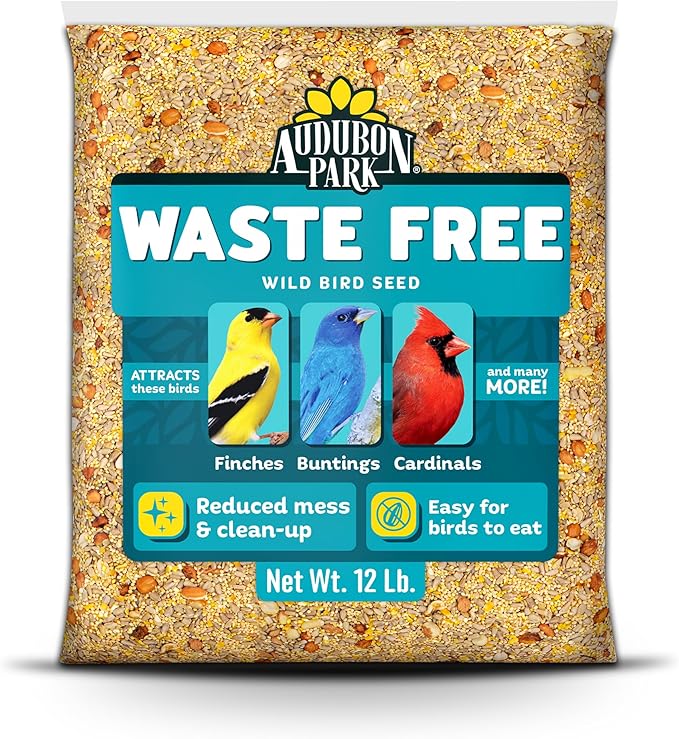 Audubon Park Waste Free Wild Bird Seed –12 lb. No Mess Blend with Sunflower Hearts & Peanut Pieces – Bird Food for Outside Feeders