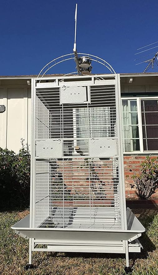 4-Size / 2-Color, Large Double Ladders Open Play Top Wrought Iron Bird Parrot Parttot Finch Macaw Cockatoo Cage, Include Seed Guard and Toy Hook (24" W x 22" D x 63" H White Vein)