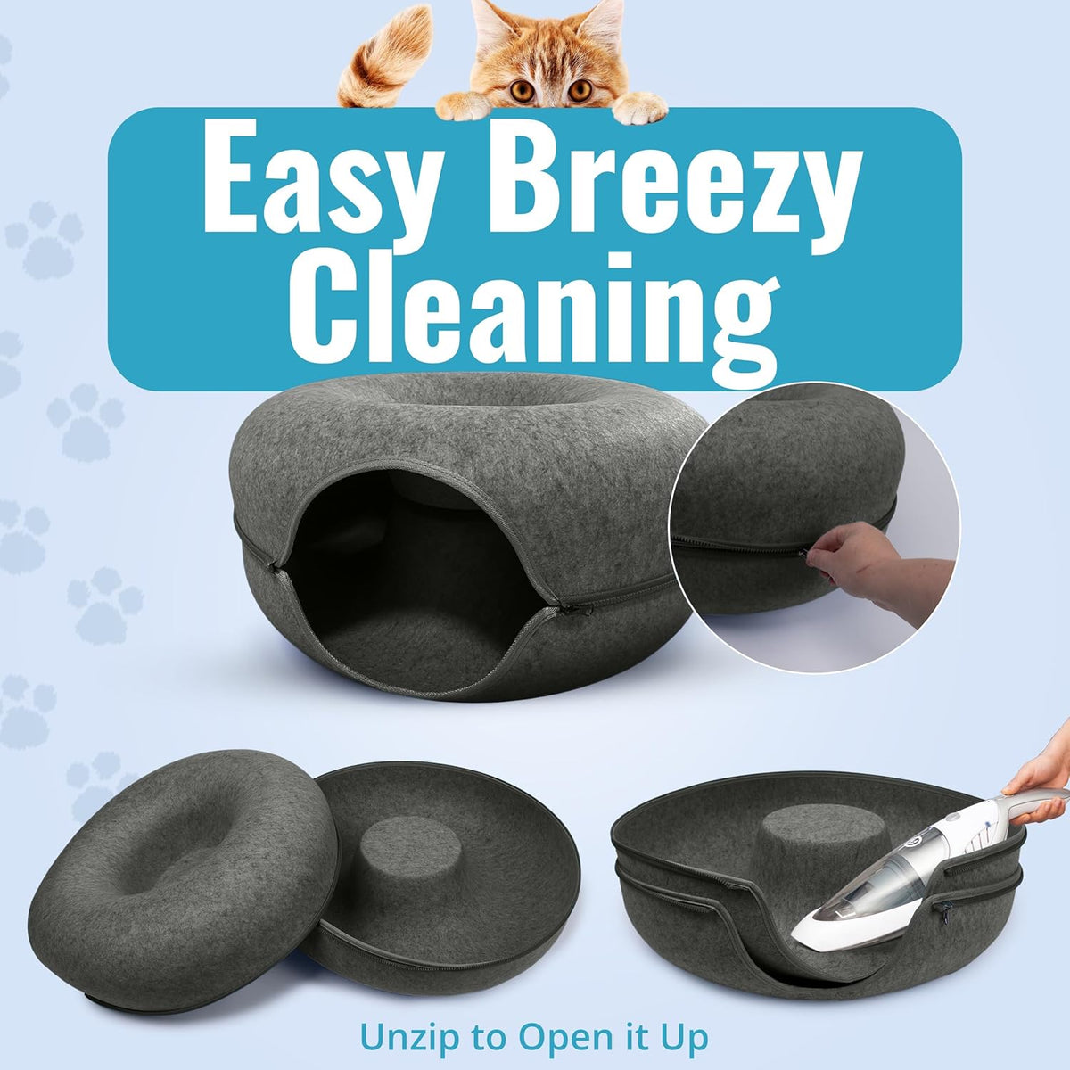 Okoco Cat Tunnel Bed for Indoor Cats Large, 24" Peekaboo Cat Cave Donut Bed for Pets up to 45lbs, 2-in-1 Round Tube with Hanging Ball Toy & Removable Machine Washable Parts (Dark Gray)