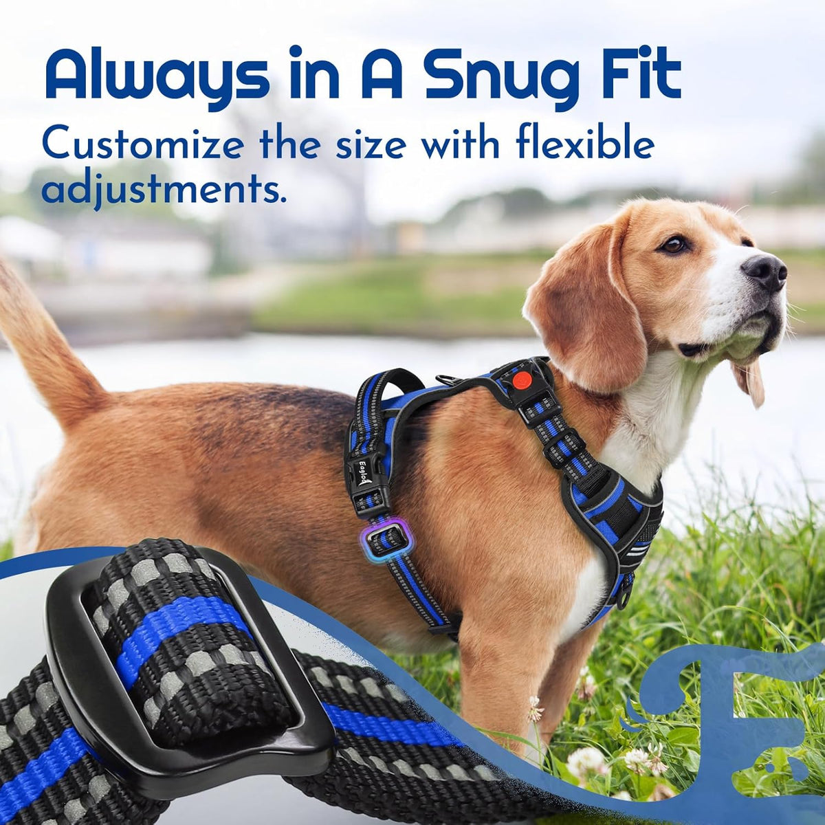Eagloo Dog Harness Medium Sized, Easy Wearing with 3 Buckles, Adjustable No Pull Pet Harness with 2 Rings for Walking, No Chock Reflective Soft Padded Vest with Control Handle, Blue & Black, M