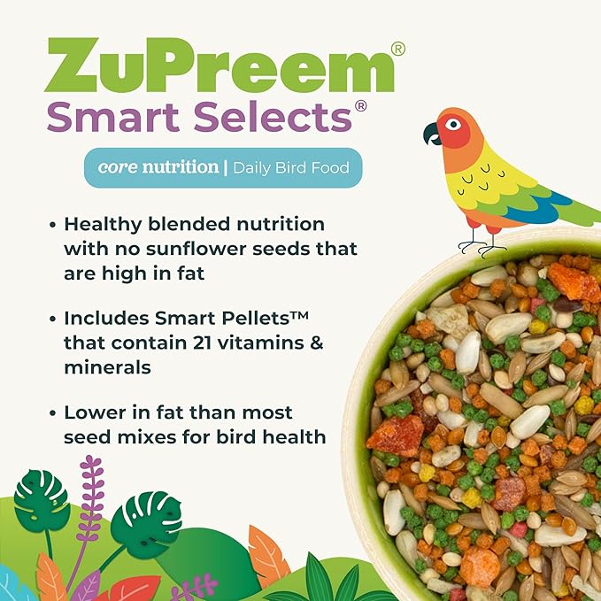 ZuPreem Smart Selects Daily Bird Food for Parrot, Conure, Caique, African Grey, Eclectus, Small Cockatoo, Bird Pellets and Seed Blend, Nutrition for Medium Large Birds, Parrot Food (ML, 4 lbs)