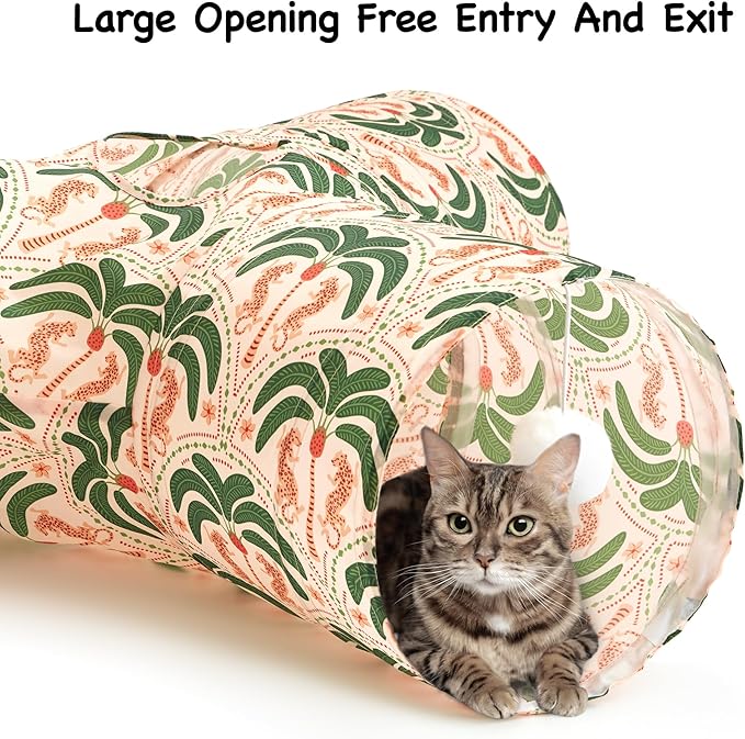 Tempcore Pet Cat Tunnel Tube Cat Toys 3 Way Collapsible, Cat Tunnels for Indoor Cats，Kitty Tunnel Bored Pet Toys Peek Hole Toy Ball Puppy, Kitty, Kitten, Rabbit Khaki Coconut Tree