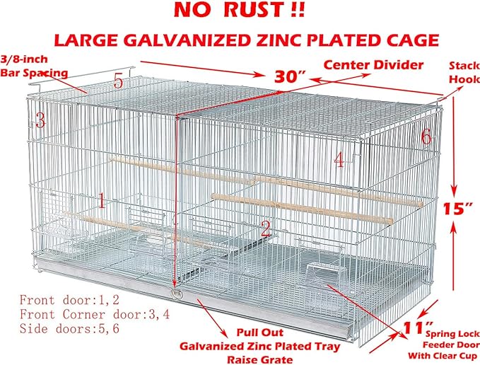 Large No Rust Stainless Galvanized Zinc Stackable Breeder Bird Flight Cage Side Breeding Nest Door with Removable Divider 30"x11"x15"H