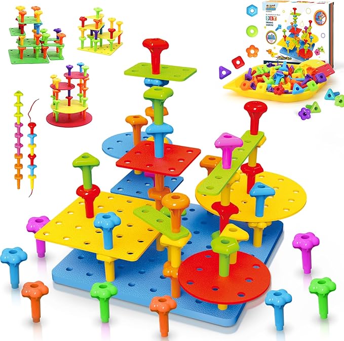 Peg Board Toy set 73Pcs DIY Building Stacking Toys for Kids 3-6 Years Old,STEM Educational Kids Toy for Brain Development,Montessori Sensory Toys,Upgrade Various Foam Board Plastic Lacing String Game