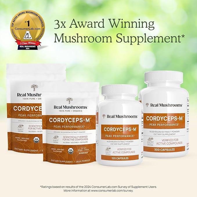 Real Mushrooms Cordyceps Mushroom Powder - Organic Cordyceps Powder Mushroom Energy and Wellness Support - Rich in Beta Glucans - Non-GMO, Vegan Supplement, 60 Servings