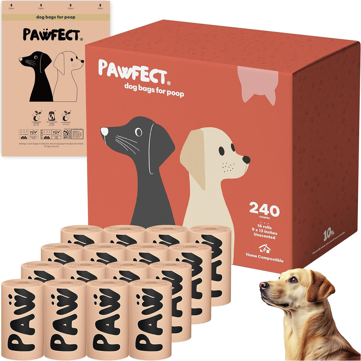 Pawfect Dog Poop Bags Rolls - Biodegradable Doggie Bags, Compostable Dog Waste Bags, BPI Certified Pet Waste Bags, Unscented, Large, Puppy Poo, Earth Friendly, Bolsas de Basura (240 counts)