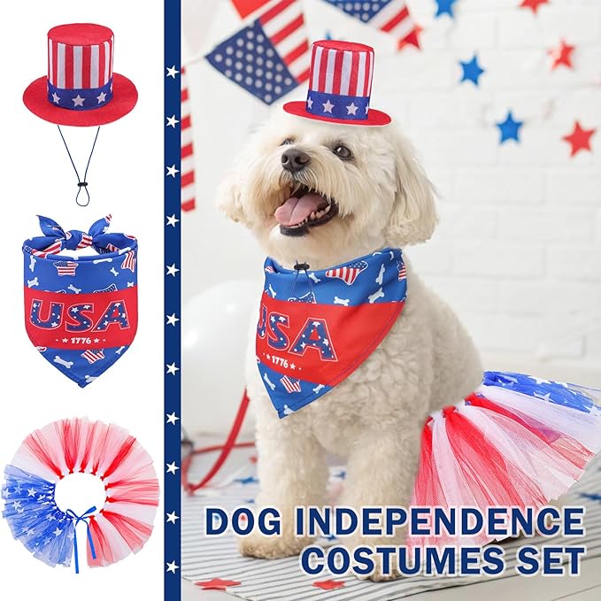SCENEREAL 4th of July Dog Bandana Dress with Hat Set, Independence Dog Costume for Small Sized Dogs, Cute Tutu Skirt Outfit for Party