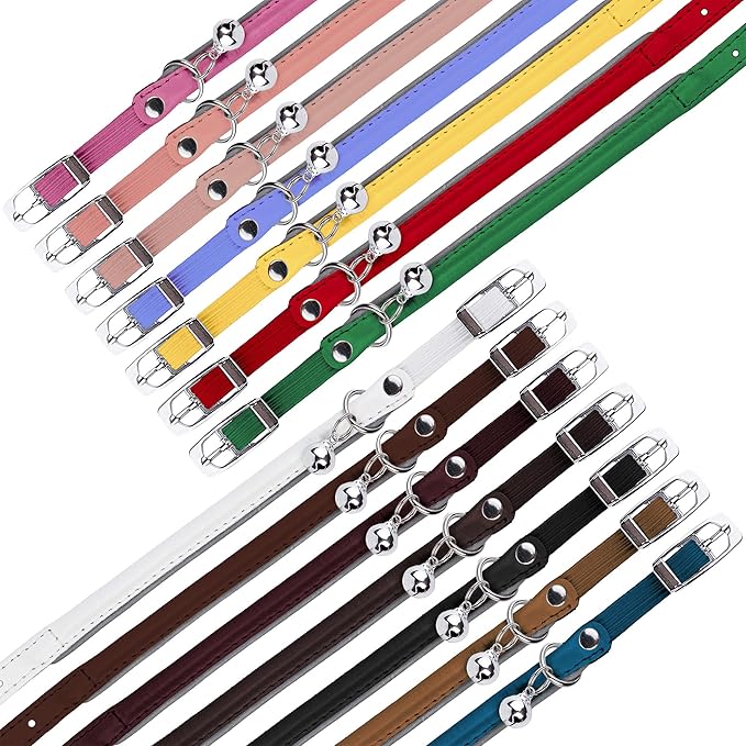 OOPSDOGGY Rolled Leather Cat Collar with Bell, Reflective Kitten Collars with Buckle Include Safety Elastic Strap - Adjustable Small Pet Collars for Boy Girl Cats (White)