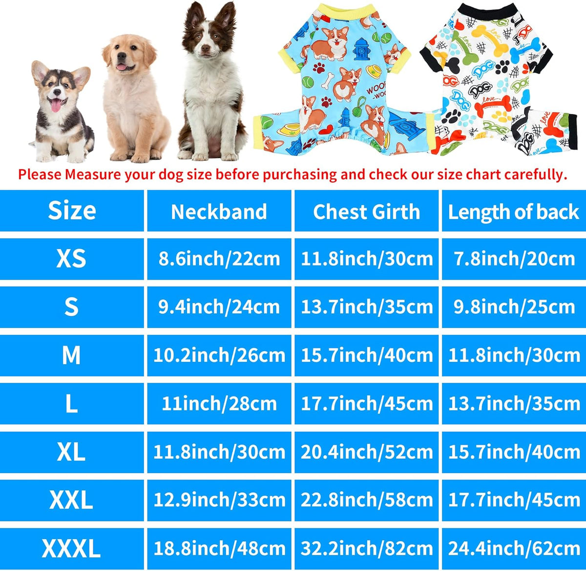 2PCS Dog Pajamas for XXXL Sized Dog Pjs Clothes Puppy Onesies Outfits Pet Jammies Boy Girl Male Female Apparel Soft Strechy Paw Bone Print XXXL