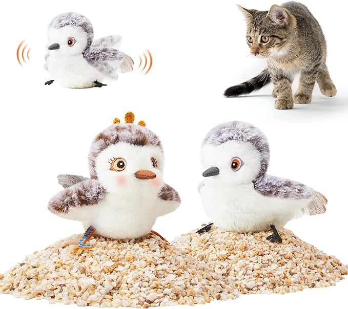 Potaroma Cat Toys 2 Pcs Flapping Sandpiper Pair-Mate, Lifelike Birds Chirp, Chargeable Touch Activated Kitten Fun Interactive Kitty Exercise with Catnip for All Breeds
