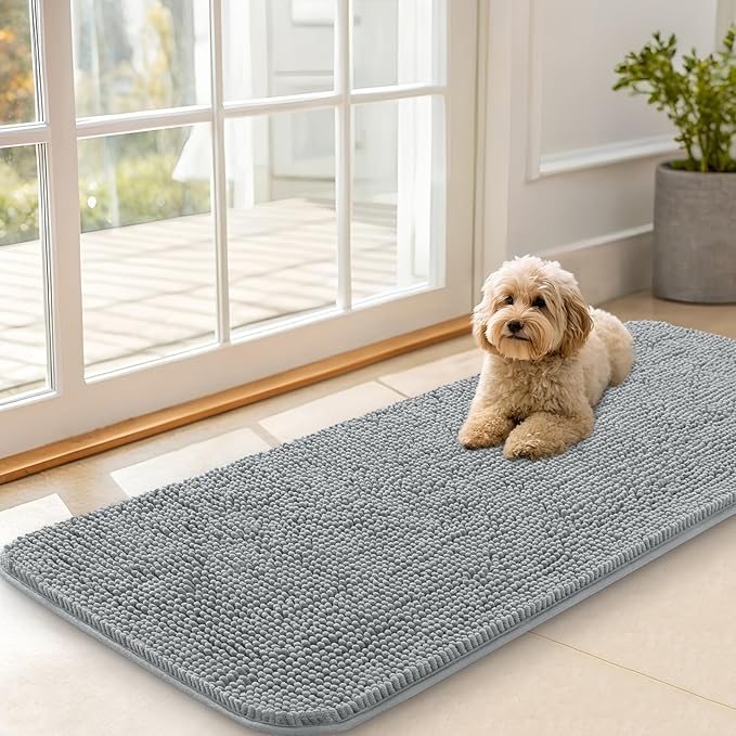 OLANLY Dog Door Mat for Muddy Paws 47x20, Absorbs Moisture and Dirt, Absorbent Non-Slip Washable Doormat, Quick Dry Chenille Mud Mat for Dogs, Entry Indoor Entryway Carpet for Inside Floor, Grey