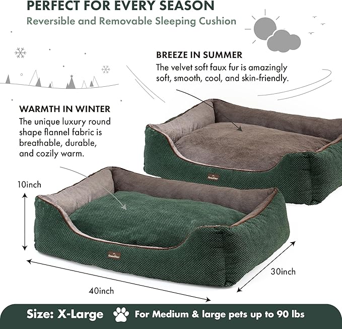GRANDTIES Fluffy Dog Beds for Small Medium Large Dogs & Cats, Machine Washable Dog Bed, Rectangle Breathable Soft Calming Sleeping Warming Pet Beds with Waterproof & Non-Slip Bottom (XL 40", Olive)