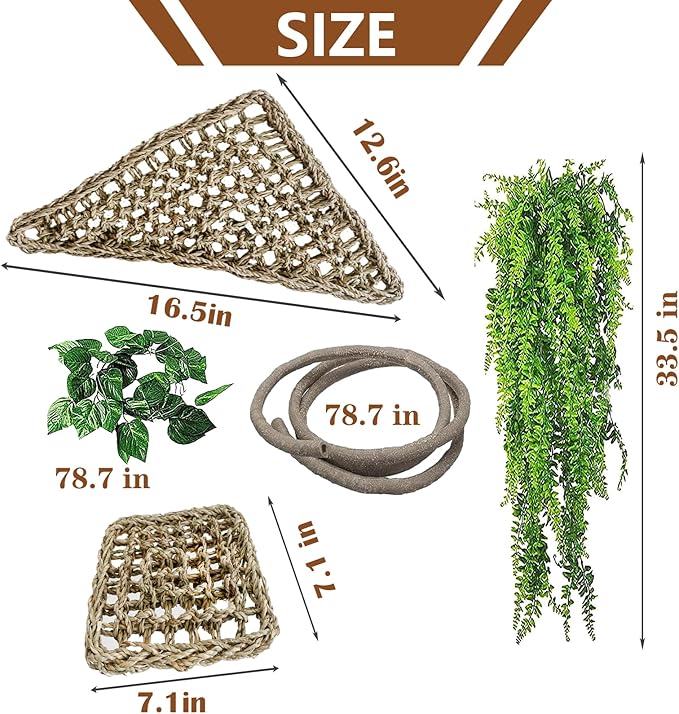 kathson Bearded Dragon Hammock,Lizard Lounger Reptile Tank Hanging Plants Climbing Jungle Vines Flexible Leaves Decorations for Lizards Chameleon Gecko Snakes(5 PCS)