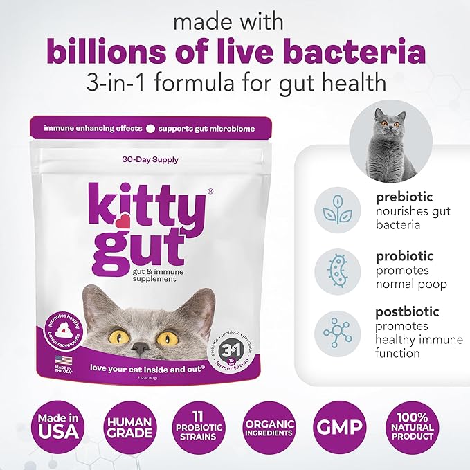 KittyGut 3-in-1 Organic Cat Probiotics & Postbiotic Supplement Powder- Made in USA-Probiotics for Cats Promote Gut Health and Cat Digestive Support, Diarrhea and Vomiting (90g)