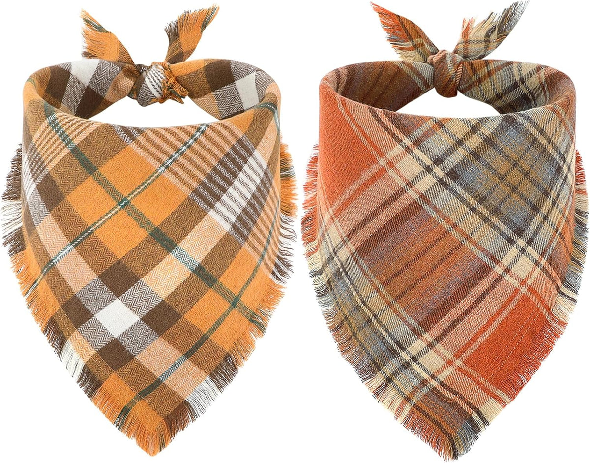 Vivifying Halloween Dog Bandana, 2 Pack Fall Thanksgiving Classic Plaid Dog Scarf with Tassels Edges, Funny Pet Apparel & Accessories Costume for Photo Prop, and Party Decor (Large, Yellow&Orange)