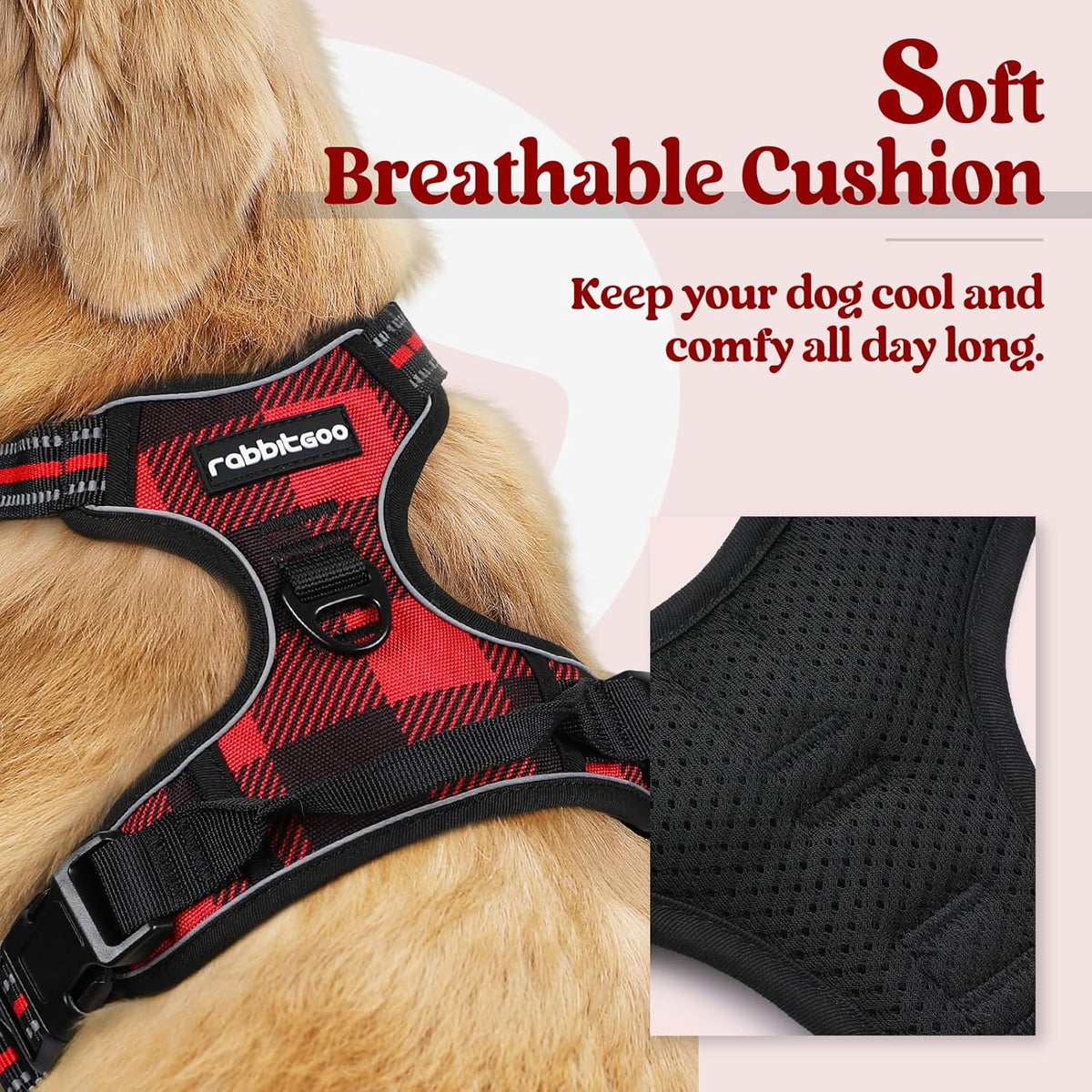 rabbitgoo Dog Harness No Pull with 2 Leash Clips, Adjustable Soft Padded, Reflective Oxford No Choke Pet Vest with Easy Control Handle for Large Dogs, Red Plaid, XL