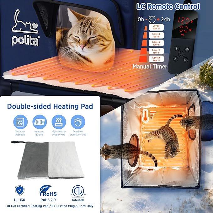 Rugged Heated Cat House for Outdoor Cats in Winter, Extremely Insulated & 100% Weatherproof, Elevated Feral Cat Shelter with Waterproof Eaves & Safe Escape Door for Stray & Barn Cats
