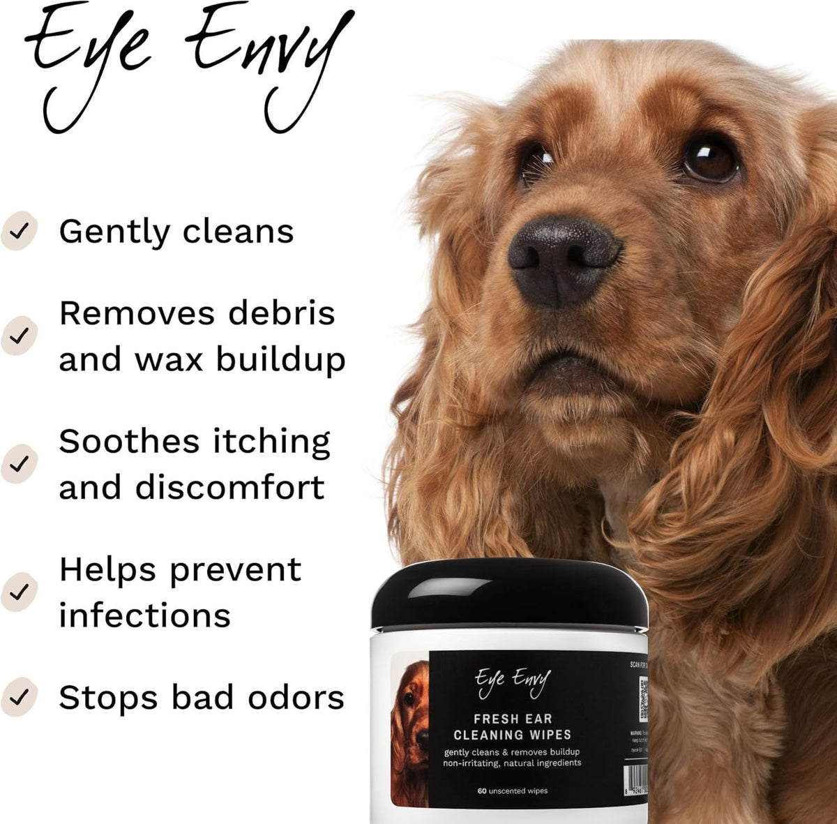 Eye Envy Fresh Ear Cleaning Wipes for Dogs. Made in The USA from Natural Ingredients. Unscented. Prevents Infections. Safe and Non-Irritating. Removes Dirt, Debris, and Wax buildup. 60 Count.