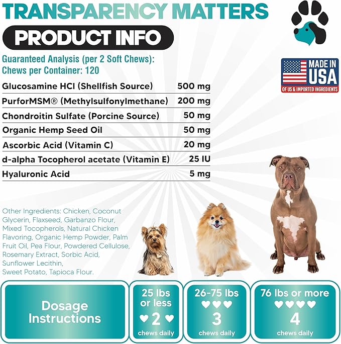 HempFlex - Glucosamine Chondroitin for Dogs - Hemp Oil for Dogs - Safe Dog Joint Supplement for All Breeds - 120 Mobility Hemp Dog Treats - Hip & Joint Support for Dogs - Joint Supplement for Dogs