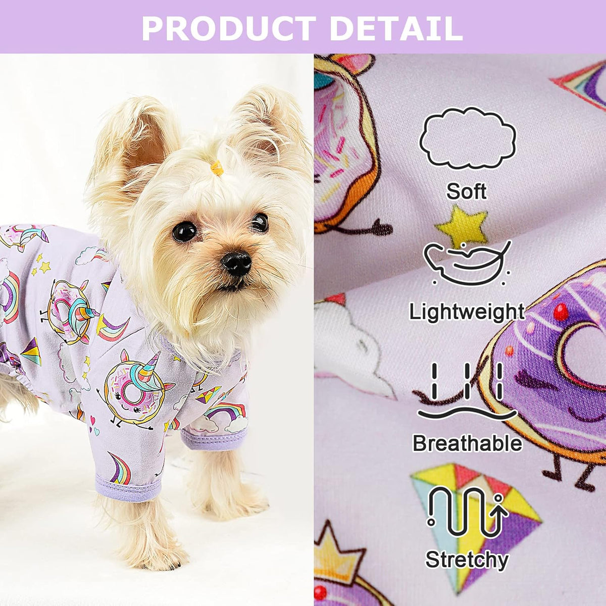 Dog Pajamas Pjs Spring Summer Dog Clothes for Small Dogs Girl - Boy - Medium Size Dogs, Soft Stretchy Puppy Clothes Doggie Onesies Cat Pet Jammies Outfit (Donut Purple, Large)