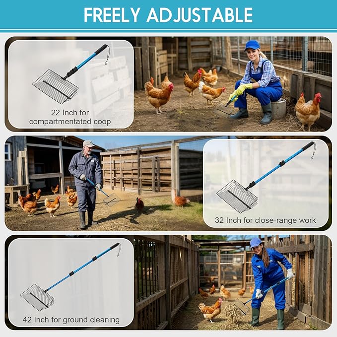 Large Chicken Poop Scooper & Rake: 22"-41" Extendable Long Handle Metal Chicken Coop Scooper with Detachable Heavy Duty Litter Sifting Shovel for Pet Waste | Chicken Coop Accessories
