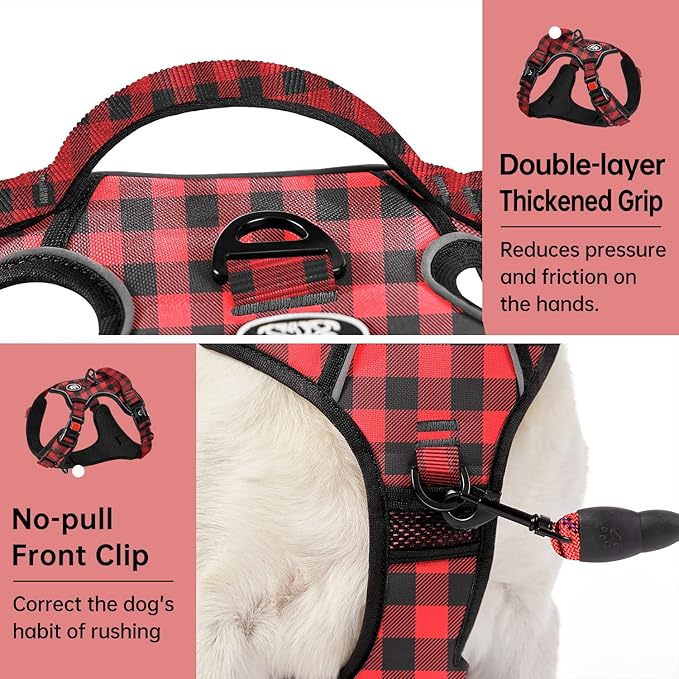 IVY&LANE No Pull Dog Harness with Leash Set, Reflective No Choke Pet Vest,Adjustable Oxford Dog Vest Harness with Easy Control Handle for Large Dogs (Checkered Red,L)