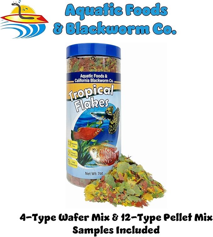 Aquatic Foods Inc. Premium Tropical Fish Flakes, for Angel Fish, Guppies, Live Bearers, Loaches, Gouramis, Cichlids, All Tropical Fish. 12-Type pellets and 4-Type Wafers Included..7.0oz Canister