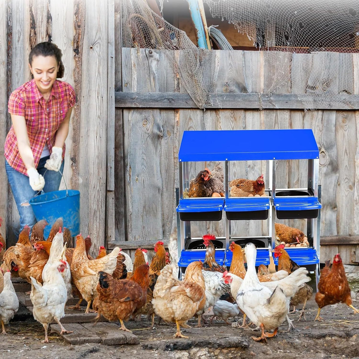 Chicken Nesting Boxes, 6 Hole Metal Chicken Laying Box with with Removable Trays and Roll Out Egg Collection for Chicken Coop, with Metal Bracket, Blue