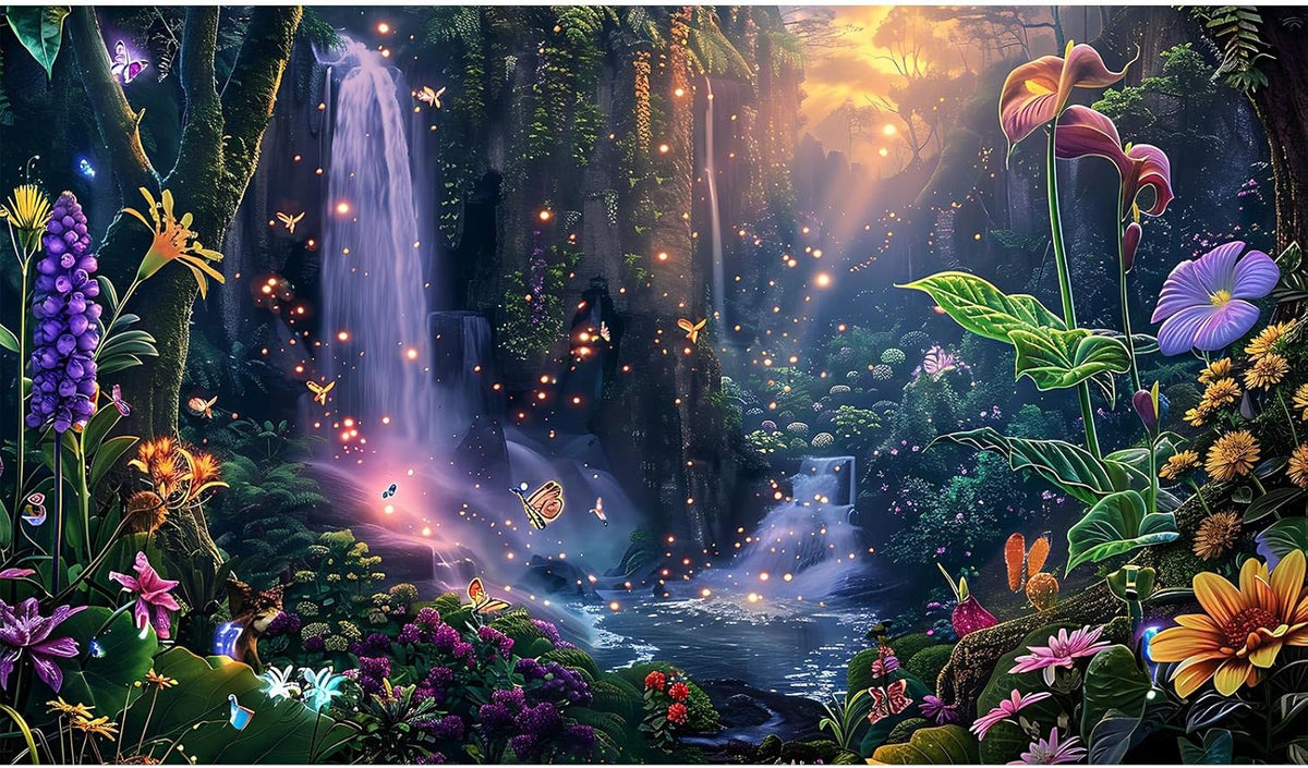 Fantasy Garden Aquarium Background Sunset Waterfall and Flowers Terrarium Backdrop Tropical Forest Lush Plant Magic Butterfly Lights Flowers Fish Tank Background Poster Decorations 48x18in