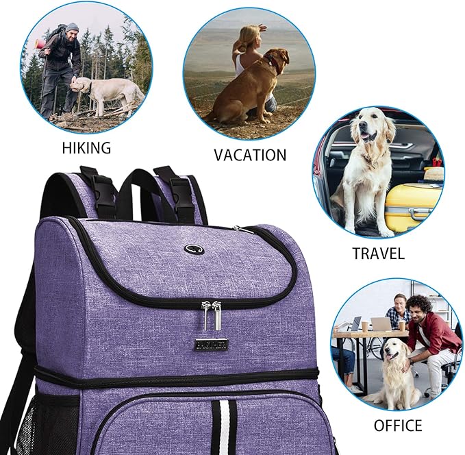 BAGLHER Pet Travel Bag, Double-Layer Pet Supplies Backpack (for All Pet Travel Supplies), Pet Travel Backpack with 2 Silicone Collapsible Bowls and 2 Food Baskets Purple
