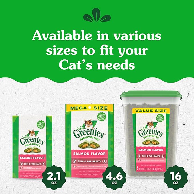 Greenies Feline Smartbites Skin & Fur Health Crunchy and Soft Cat Treats, Salmon Flavor, 4.6 oz. Pack