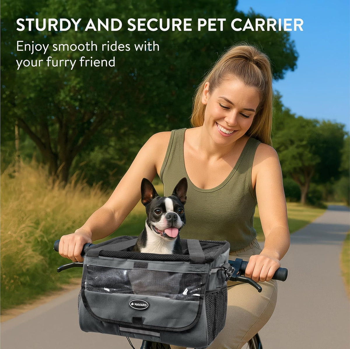 Navaris Pet Carrier for Bikes - Bike Basket Dog Carrier - Ideal Carriers for Small to Medium Dogs Up to 10kg (22lbs) - Drawstring Bag with Secure Locks and Strap - Grey