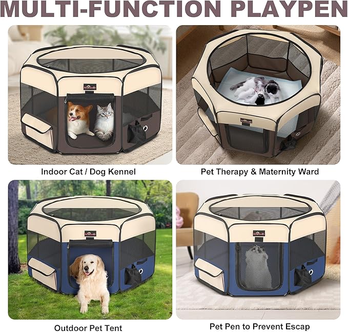 Aivituvin Dog Playpen, Foldable Pet Play Pens with Carrying Bag for Cat, Puppies, Rabbits, Portable Dog Tent Crates Cage for Travel Camping Indoor Outdoor, Removable Shade Cover, Brown L
