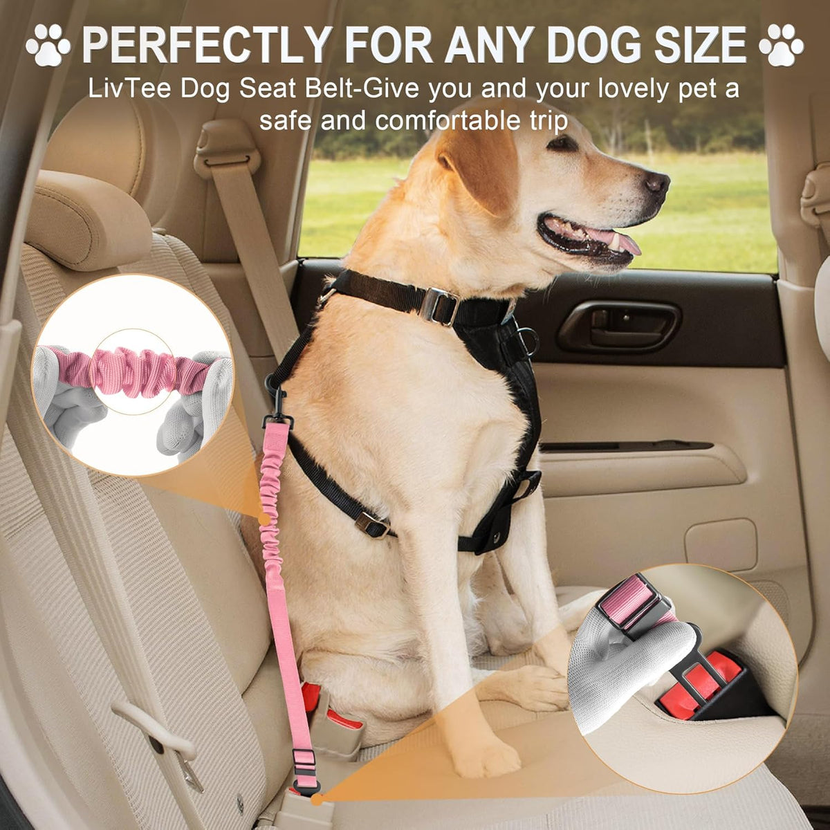 LivTee Dog Seat Belt for Car, Retractable Pet Safety Harness, Adjustable Nylon Dog Seatbelt Leash, Comfortable Dog Accessories for Vehicles (Light Pink-2PCS)