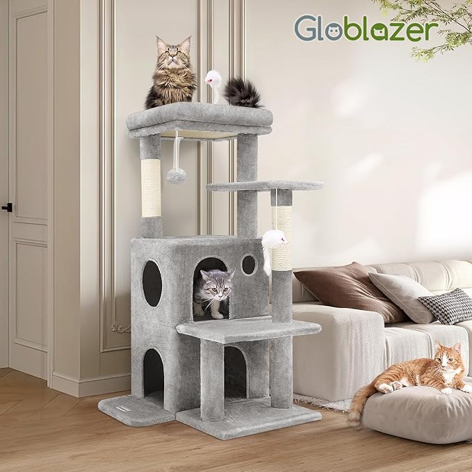 Globlazer Cat Tree Tower for Indoor Cats, 50-inch Adult Cat Tree House for Large Adult Cats with Steps, Scratching Post, 2 Cat Caves, Dangling Toys, FC50, Light Grey