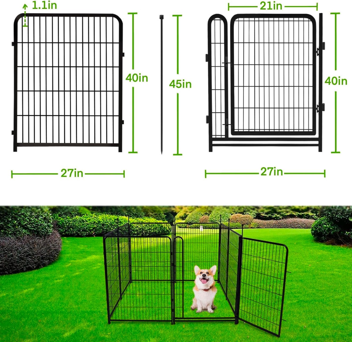 Garden Fencing 40 inch High, Dog Fence Outdoor for Yard, 8 Panels Total 18Ft(L)，Gate 21 inches Wide with Low Sills. Fencing for Garden Beds, Rabbit Fence, Anti Dig Fences Barrier