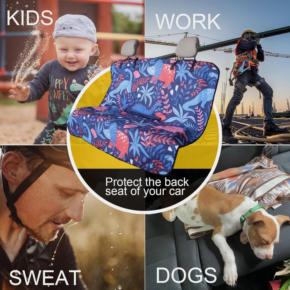 Back Seat Cover for Car Trucks Van SUV,Waterproof Rear Bench Towel Seat Covers for Dogs and Kids,Automotive Backseat Protector (Dinosaur)