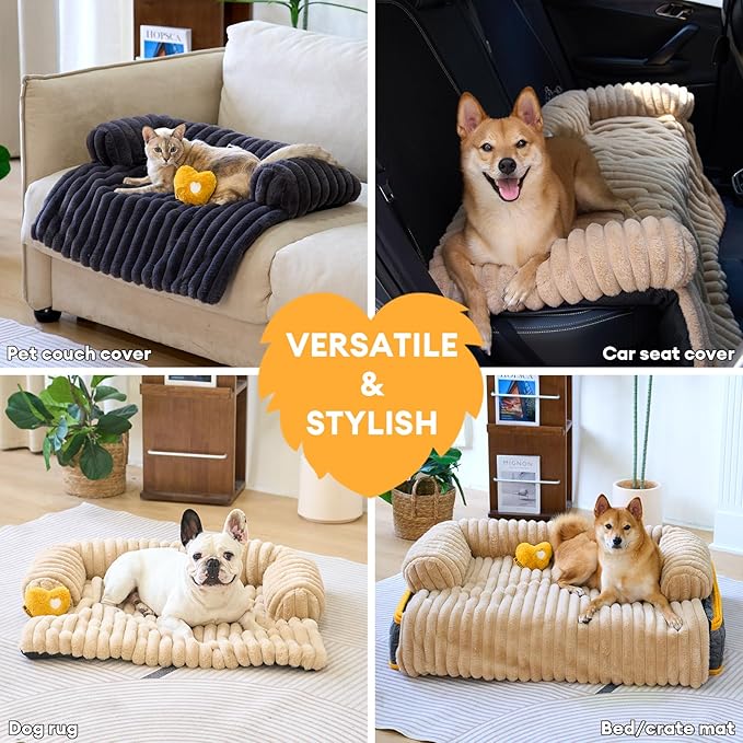 FUNNY FUZZY Pet Couch Cover for Sofa, Calming Dog Bed for Couch, Fluffy Plush Cat Bed Mat for Furniture Protector for Small Dogs and Kitten, 27×24 in, Khaki